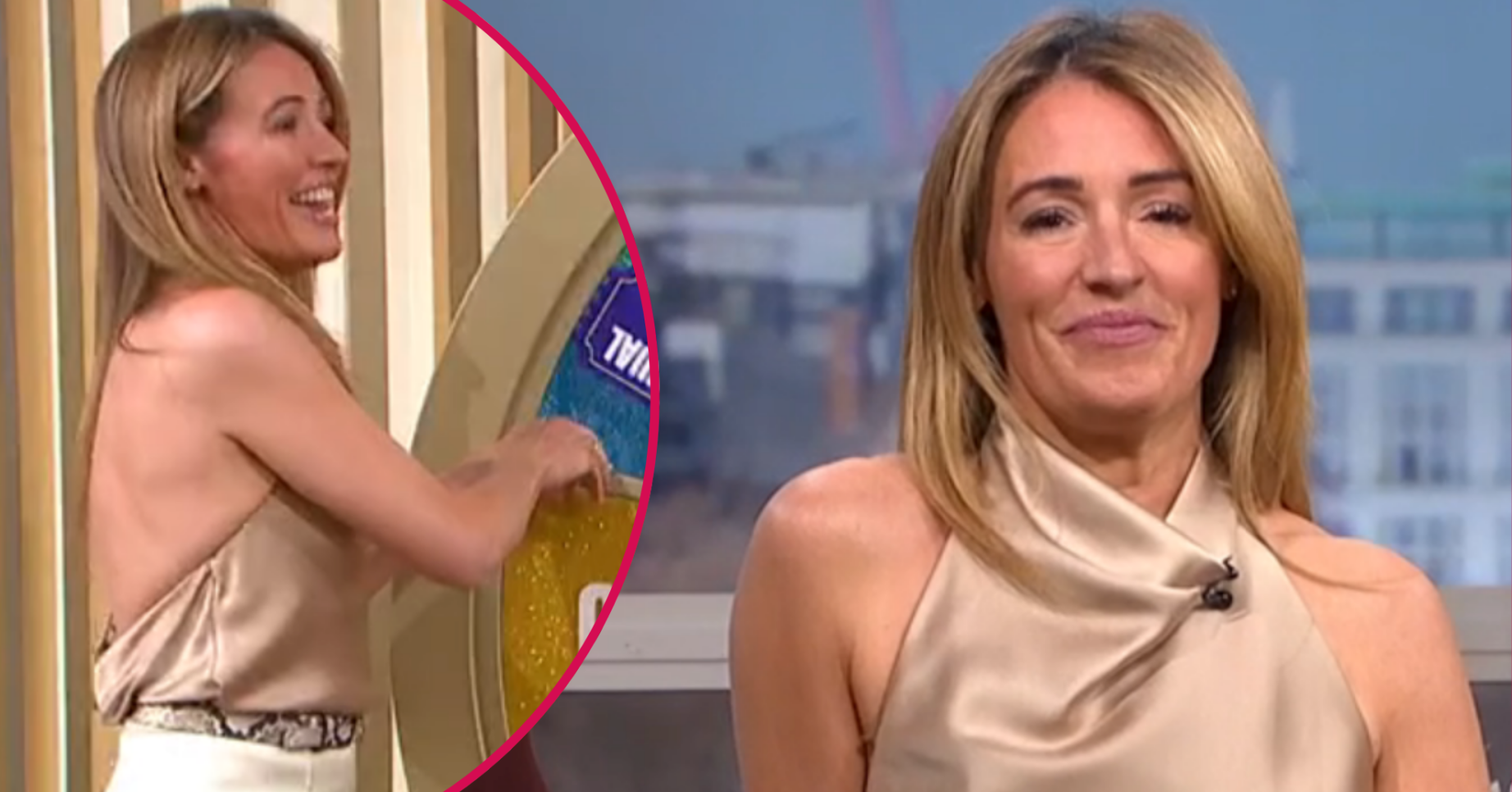 Cat Deeley hosting This Morning in a gold top