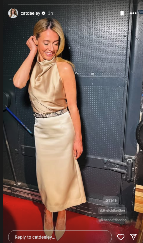 Cat Deeley posing in a nude outfit backstage on This Morning