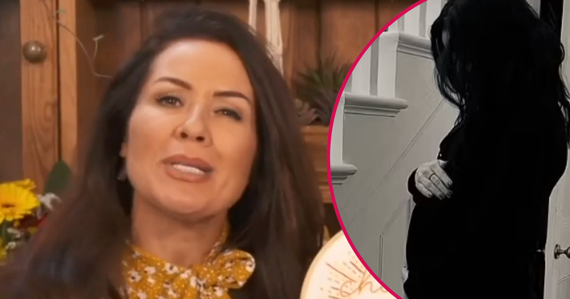 Georgina Burnett with her holding her pregnant belly