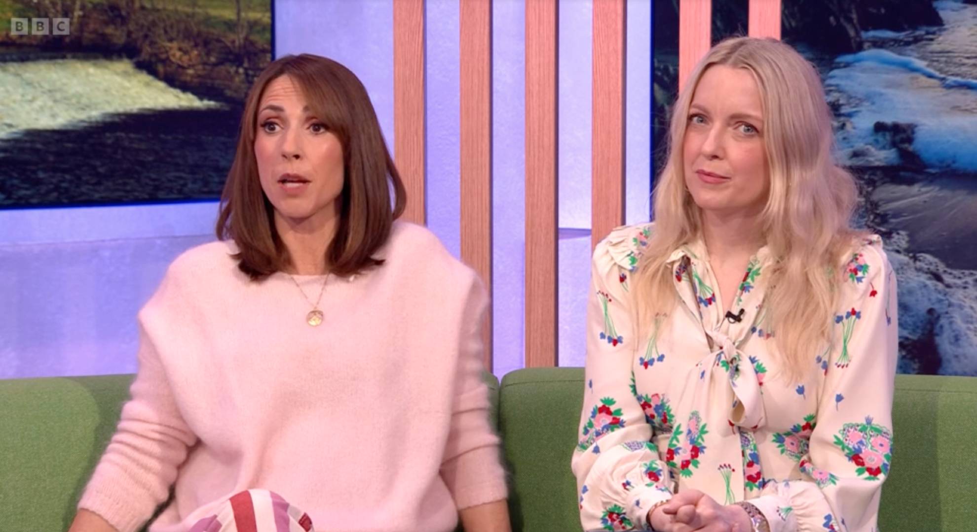 Alex Jones looks surprised, Lauren Laverne looks at the camera