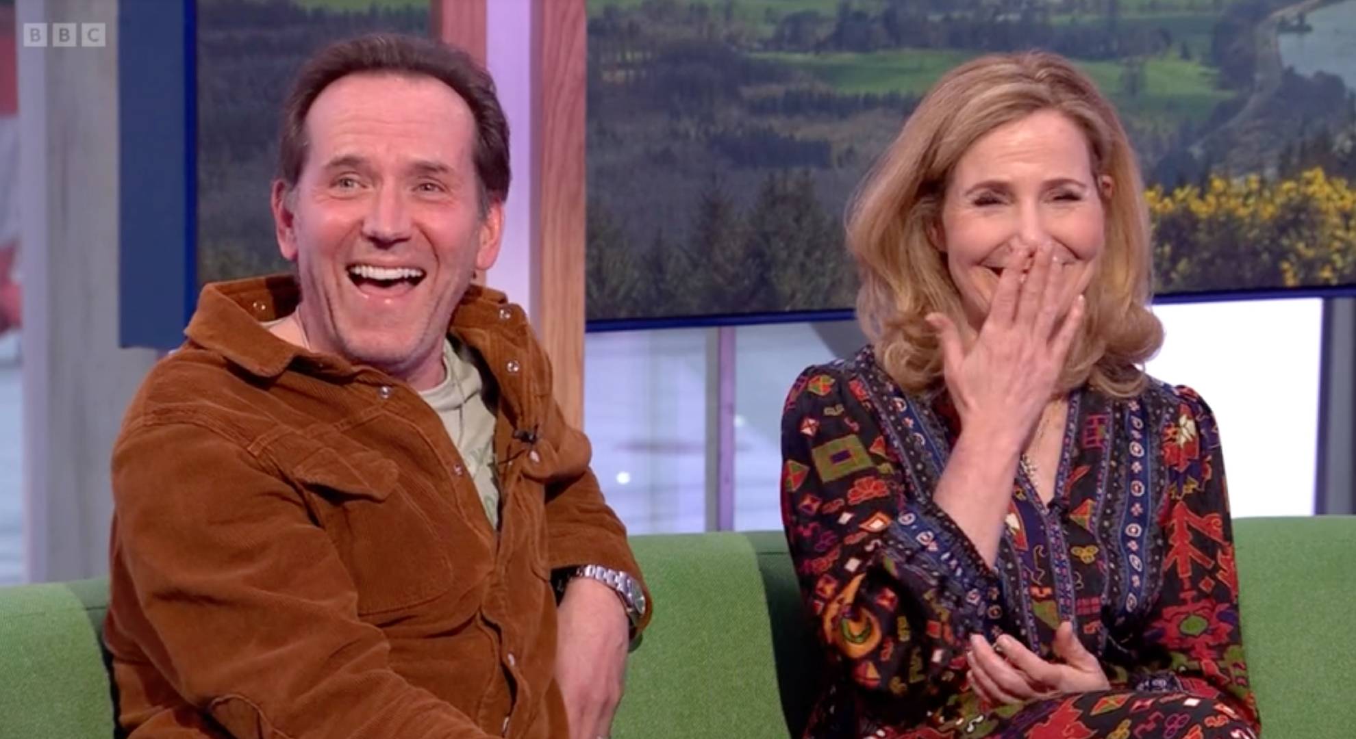 Ben Miller laughs, Sally Phillips covers her mouth