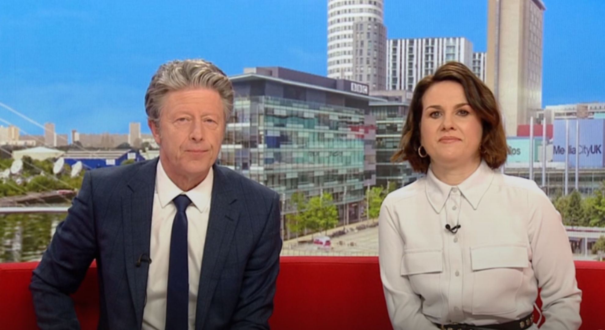Charlie Stayt and Nina Warhust presenting BBC Breakfast
