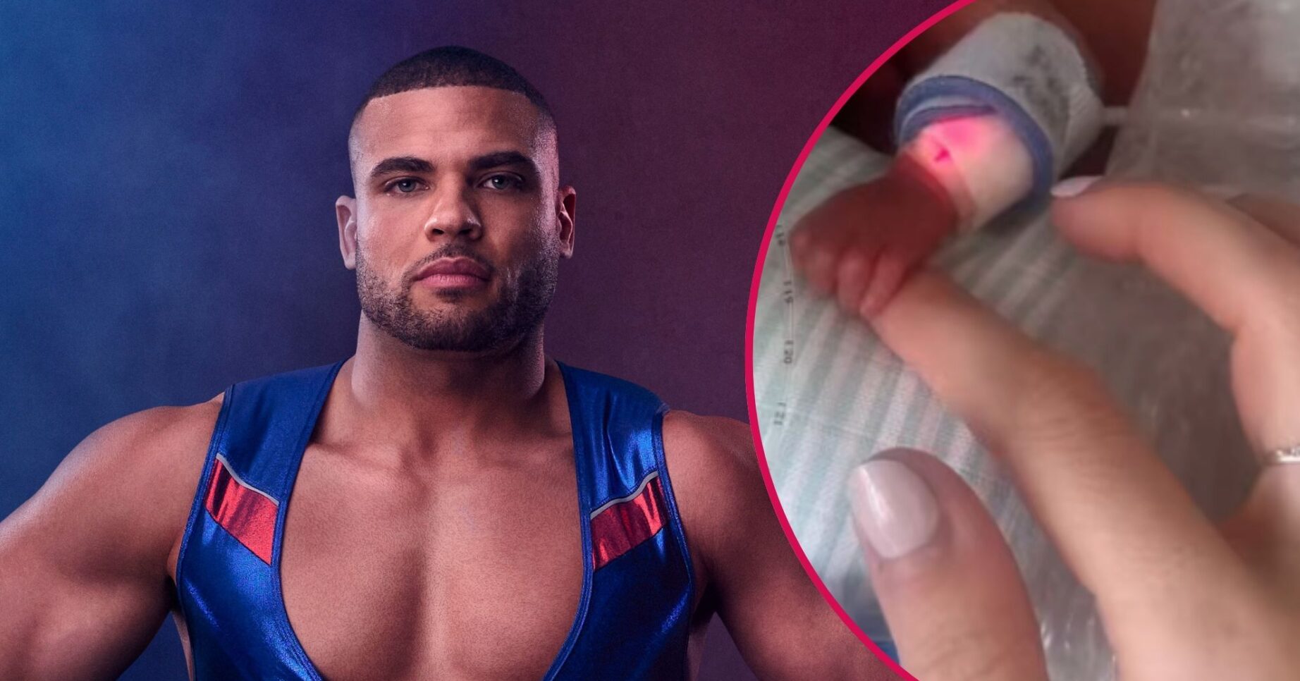 Steel posing in a promo picture / Steel's wife holding her baby's hand