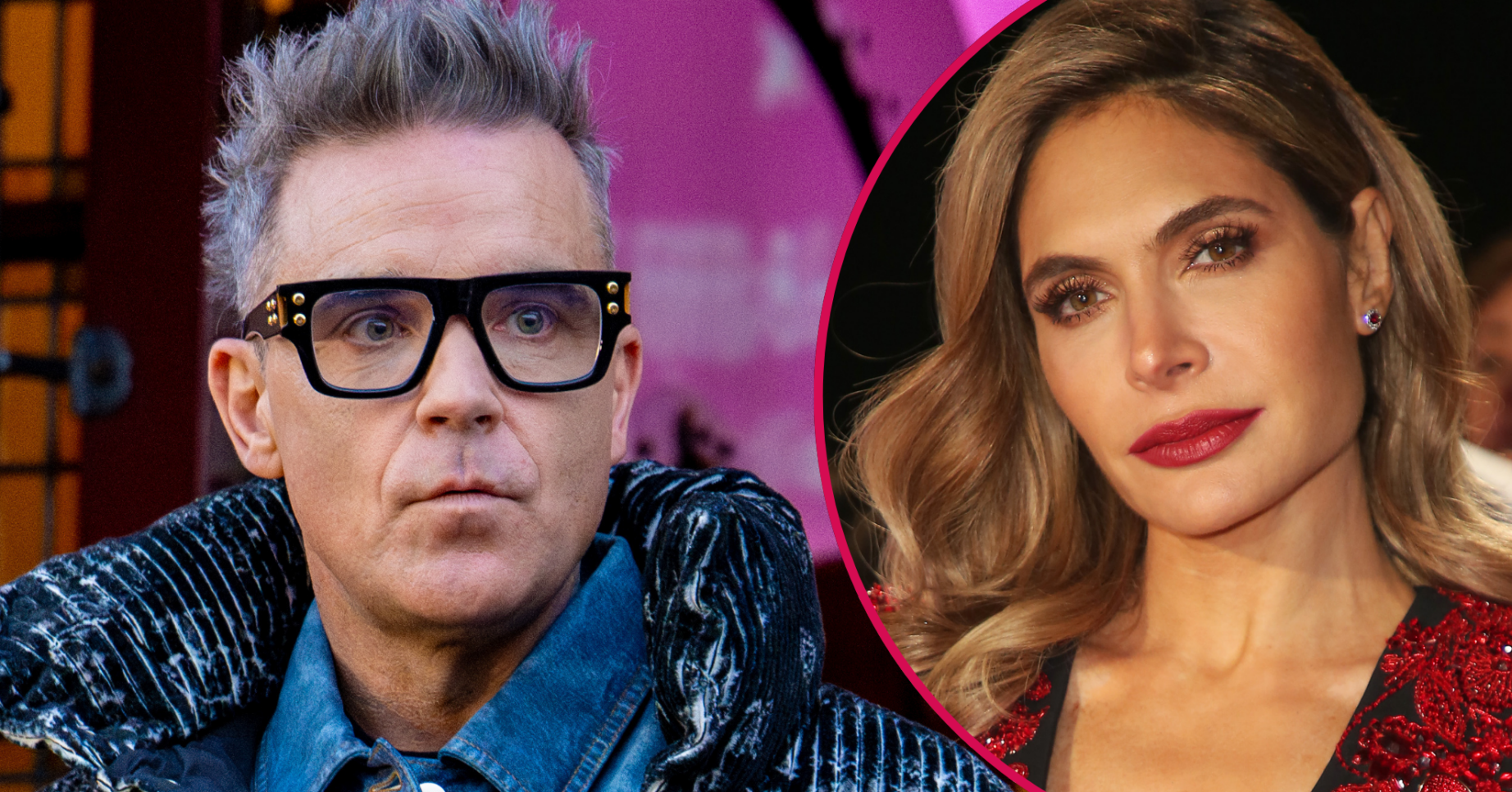 Robbie Williams wearing black rimmed glasses and Ayda Field inset