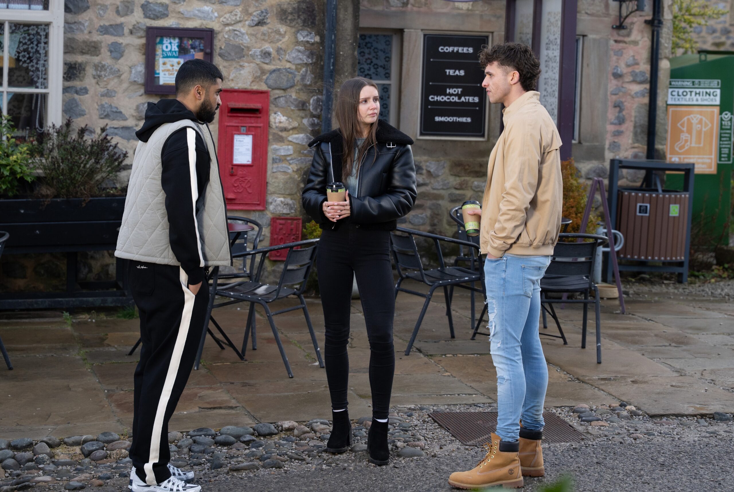 Kammy, Sarah and Jacob talking outside in Emmerdale