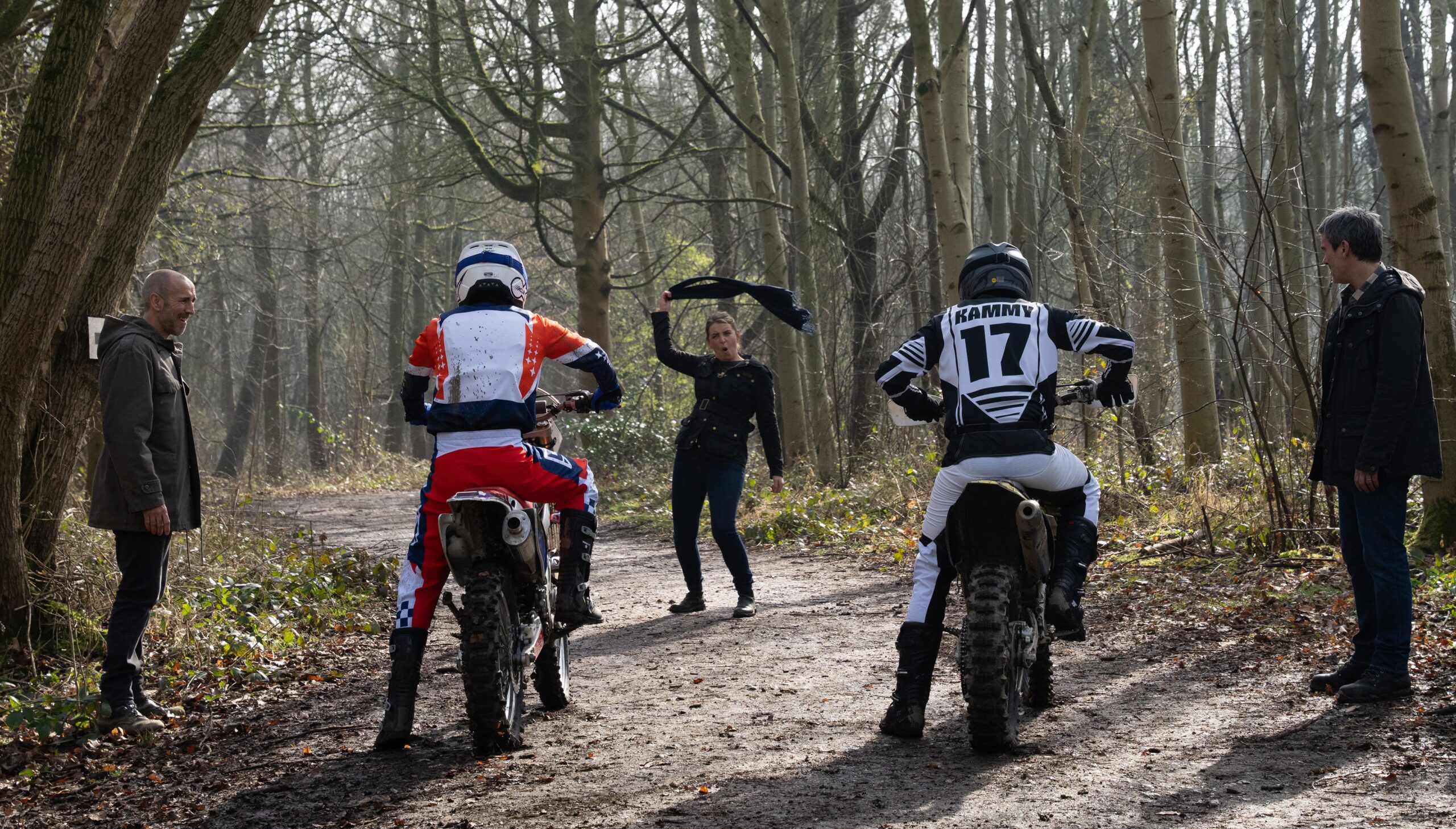 Emmerdale's Jacob and Kammy racing on bikes
