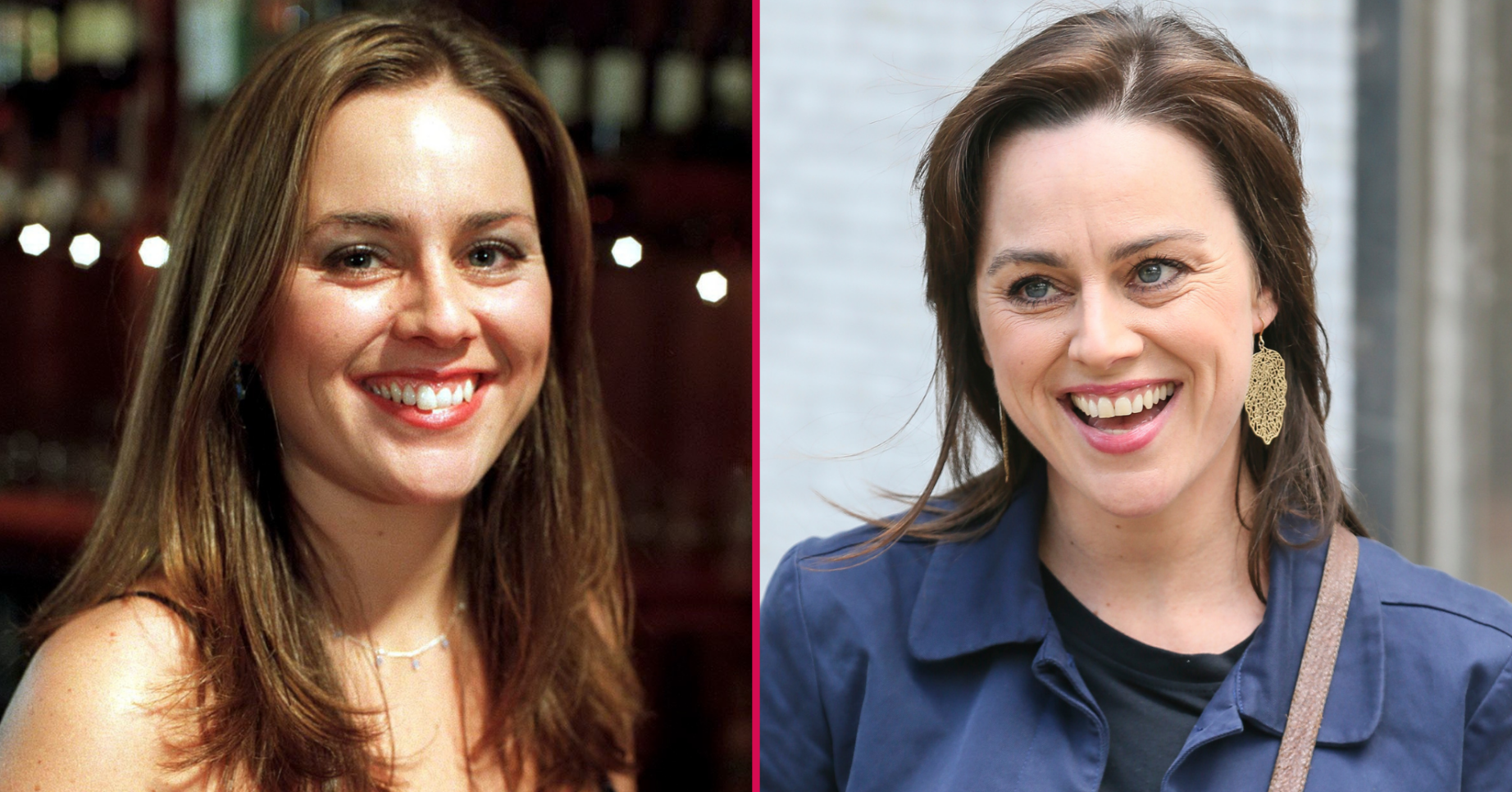 Jill Halfpenny smiling as a young actress and today