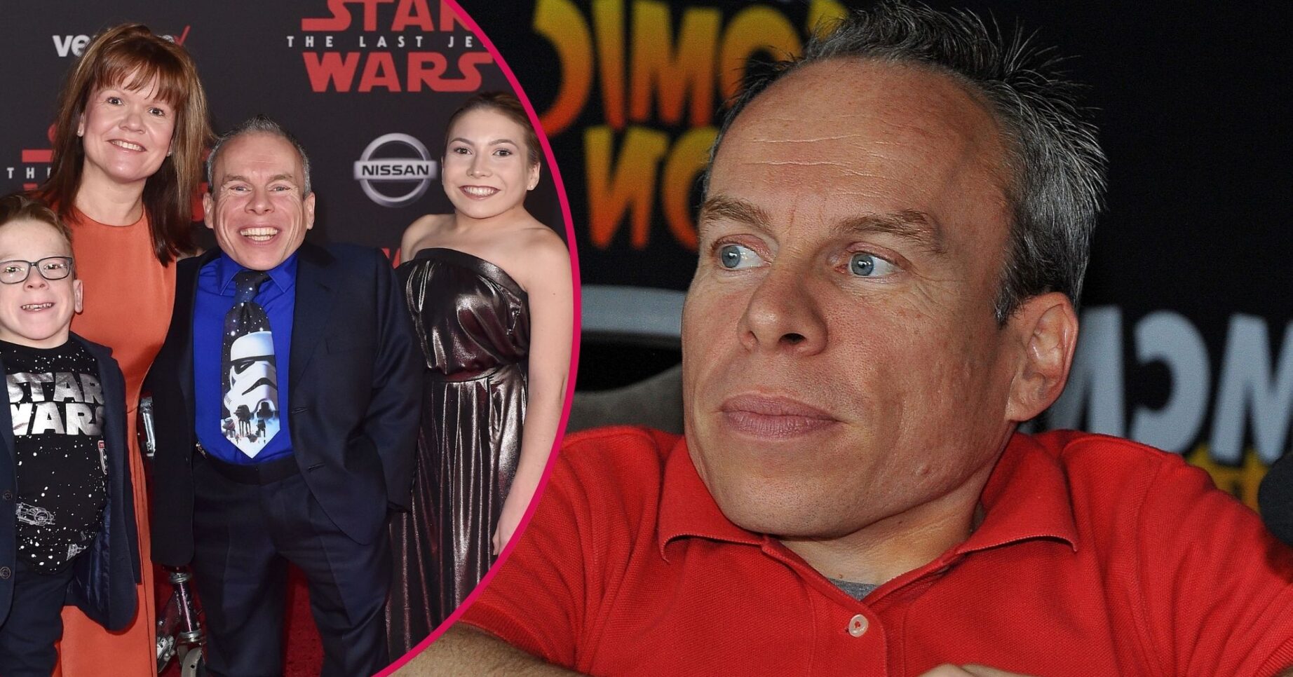 Warwick Davis looking to the side/Warwick Davis and wife Samantha with their two children