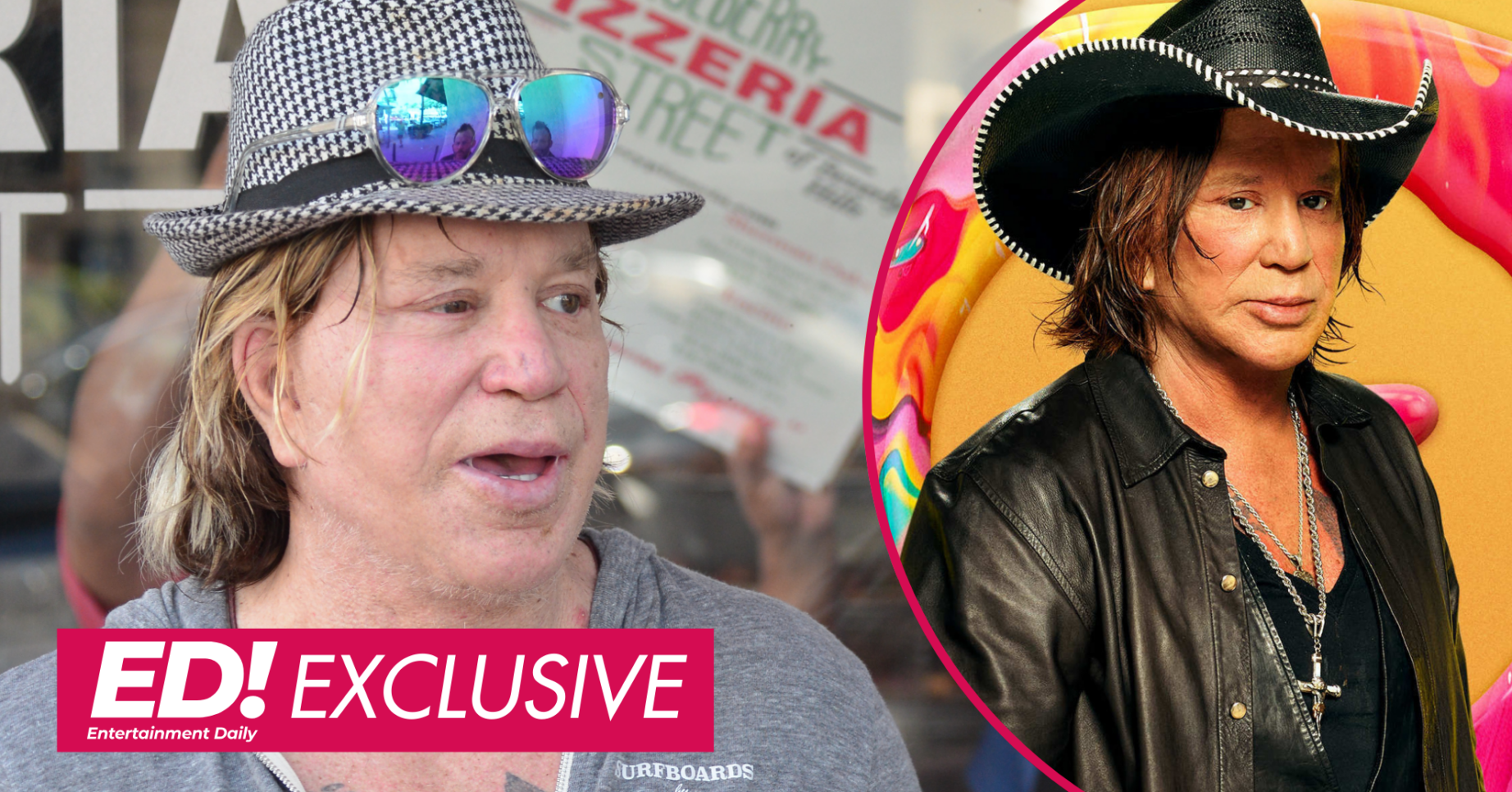 Mickey Rourke wearing a hat on Big Brother and in the street