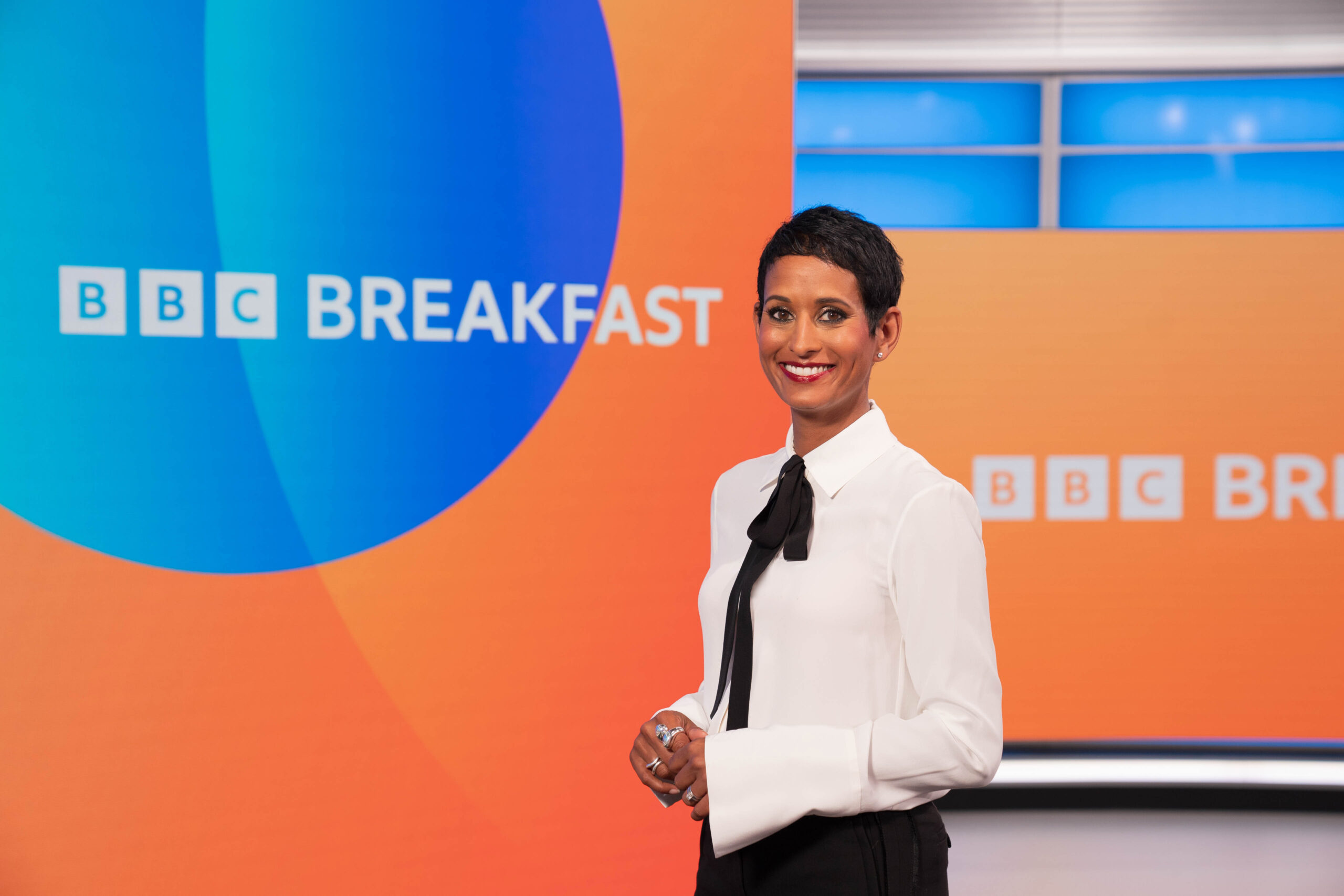 Naga Munchetty smiling on BBC Breakfast