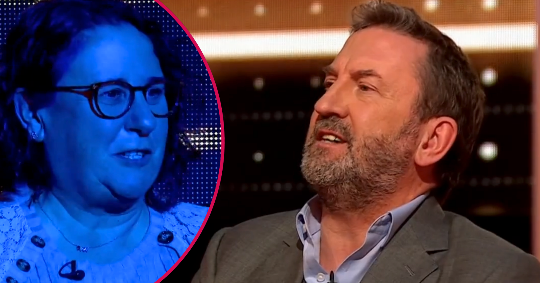 Lee Mack speaking to a contestant on The 1% Club