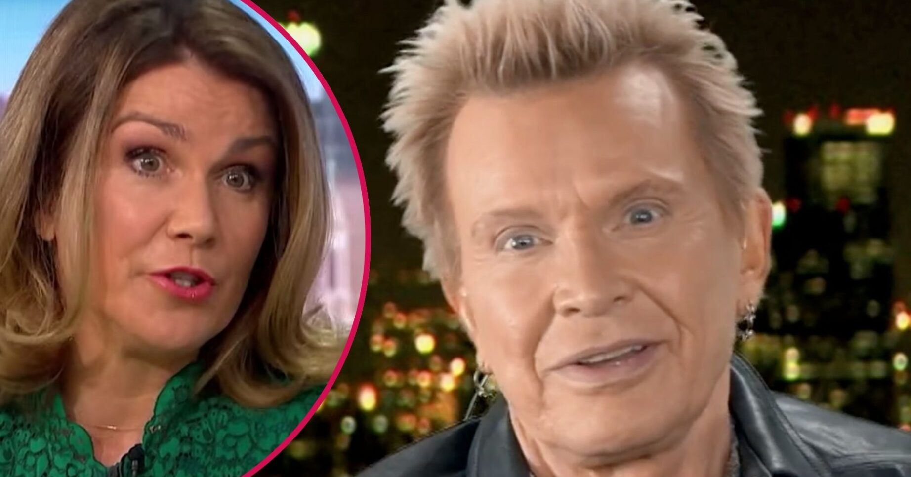 Susana Reid looks concerned, Billy Idol smiles