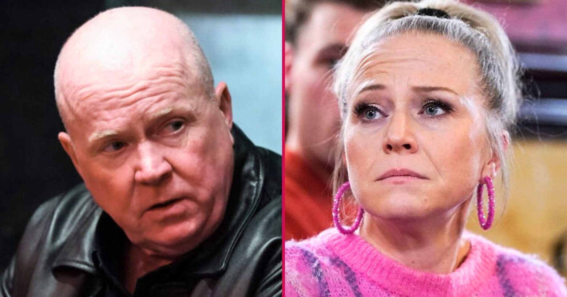 Composite image of Phil and Linda on EastEnders; he looks moody, she's wide-eyed (Credit: BBC/Composite: ED!)