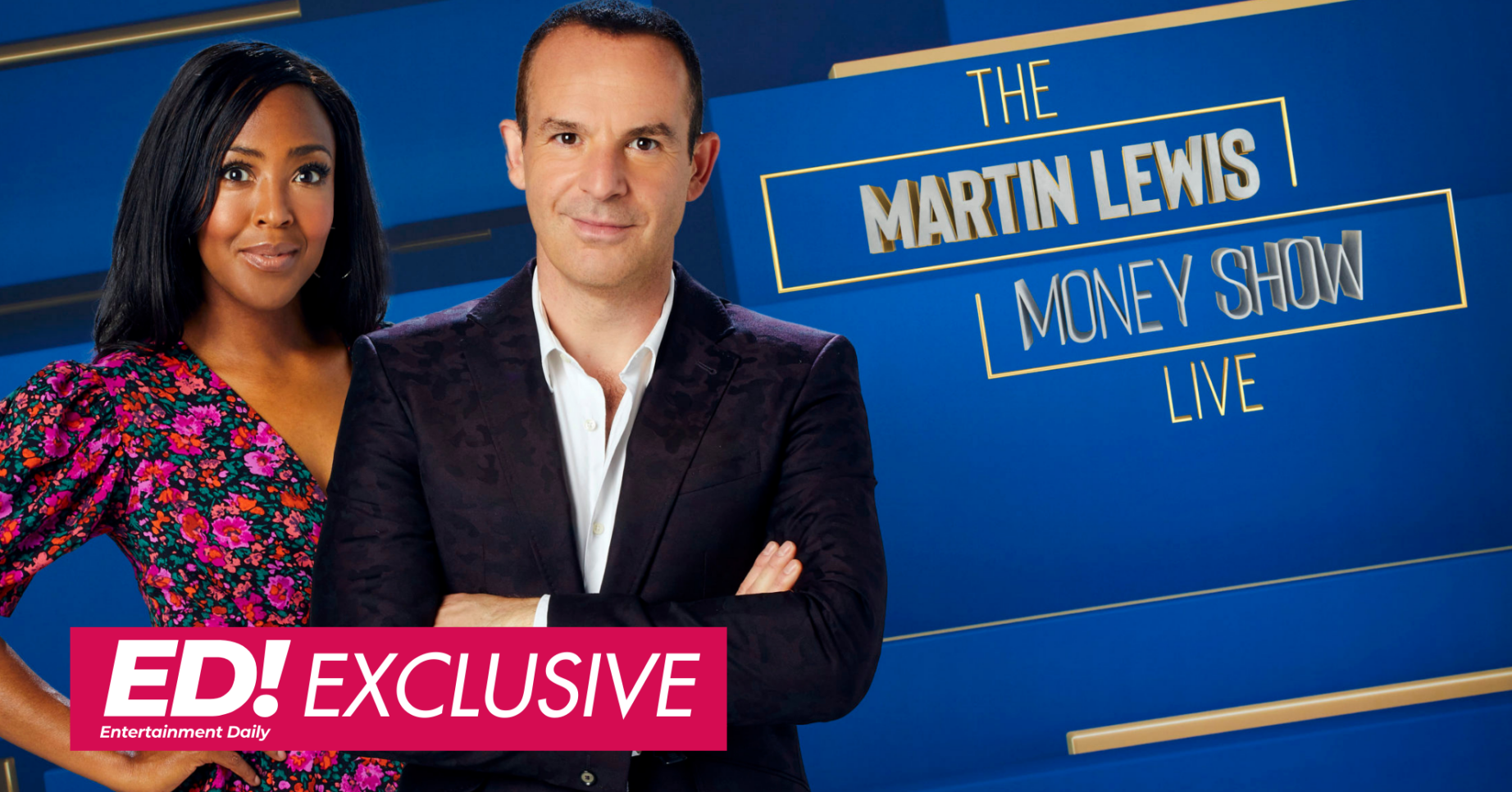 Angellica Bell and Martin Lewis standing in front of the Money Show logo