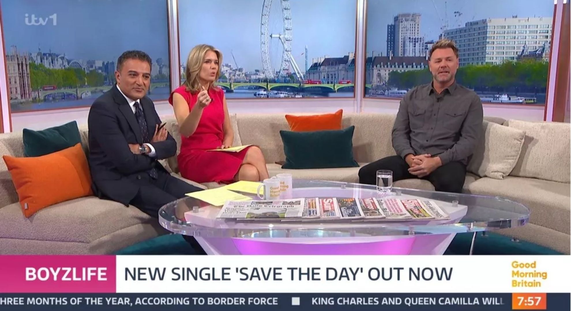 Adil Ray and Charlotte Hawkins presenting GMB with Brian McFadden as guest