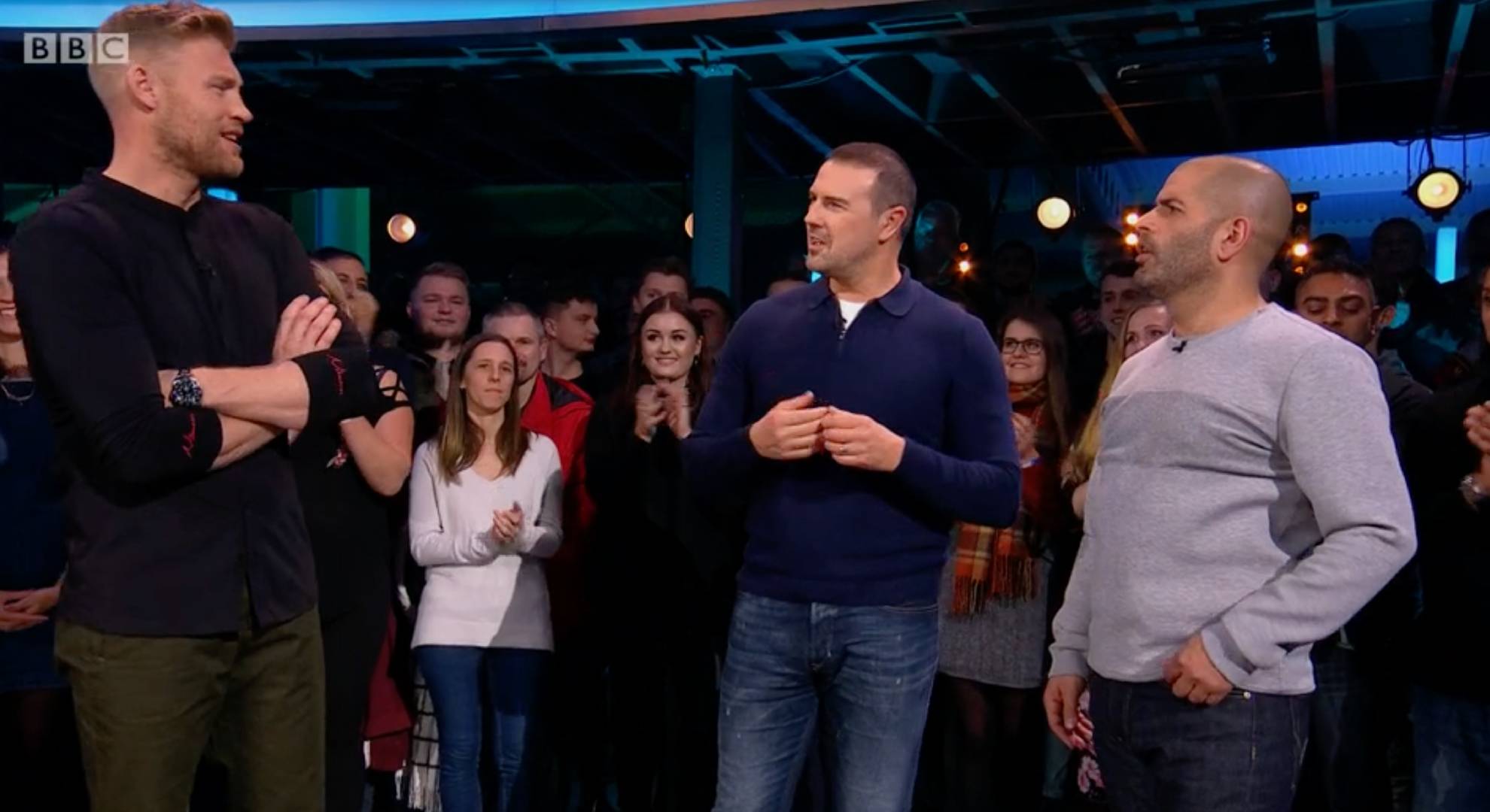 Paddy McGuinness, Freddie Flintoff, and Chris Harris presenting Top Gear