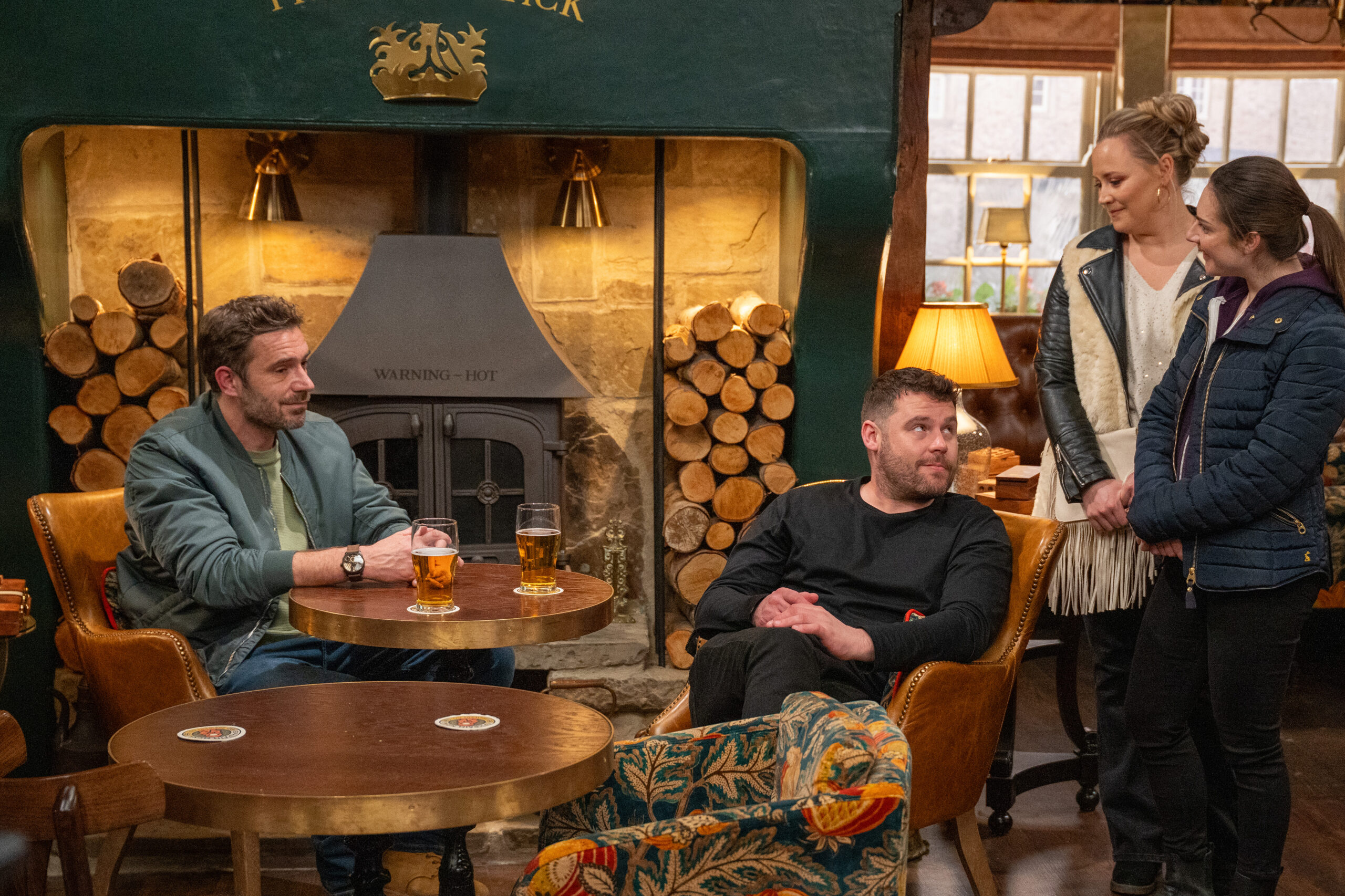 Emmerdale's John, Aaron, Tracy and Vic in the pub