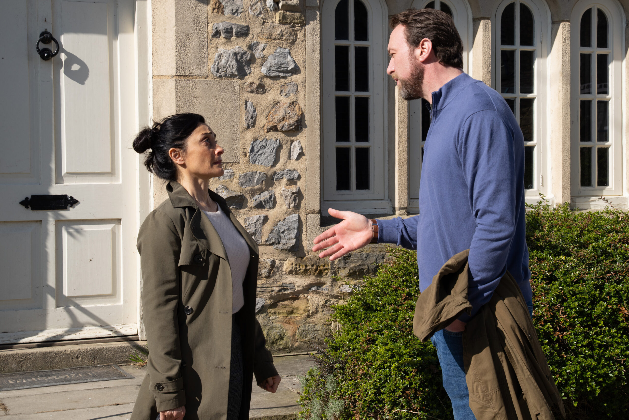 Liam and Manpreet talking outside in Emmerdale