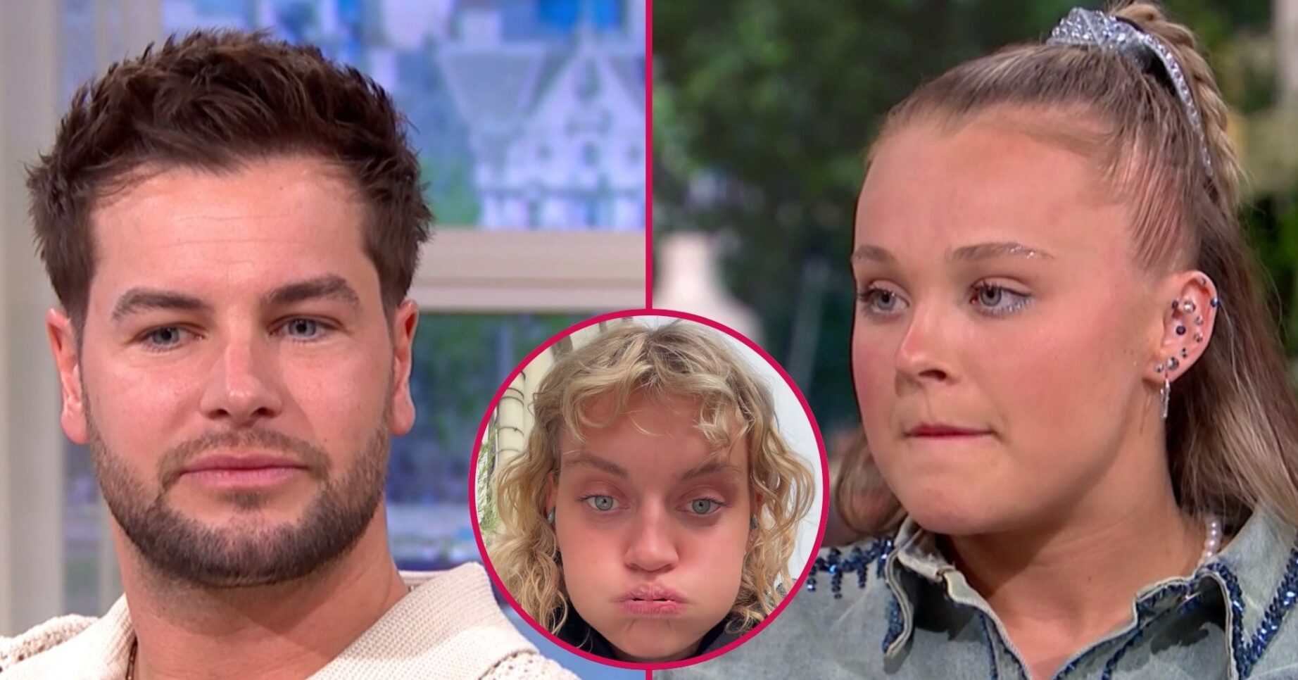 Chris Hughes looks aside, Kath Ebbs sighs deeply, JoJo Siwa looks sheepish