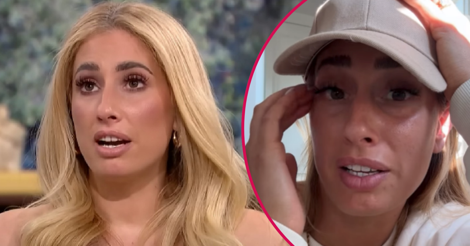 Stacey Solomon in a baseball cap and speaking on This Morning