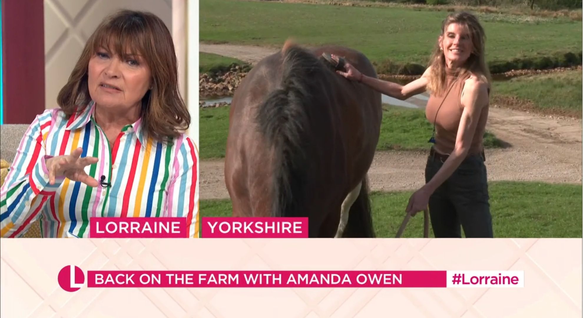Amanda Owen grooming a horse speaking to Lorraine