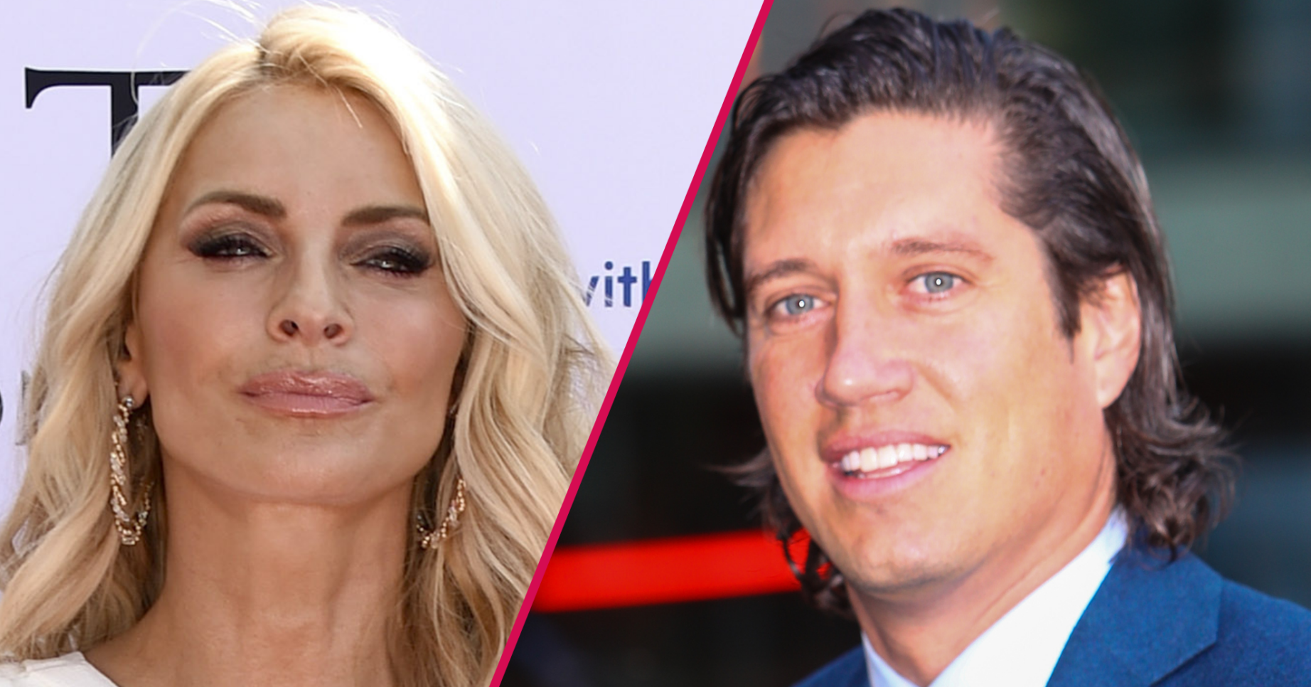 Tess Daly posing in a white dress and Vernon Kay smiling in a blue suit