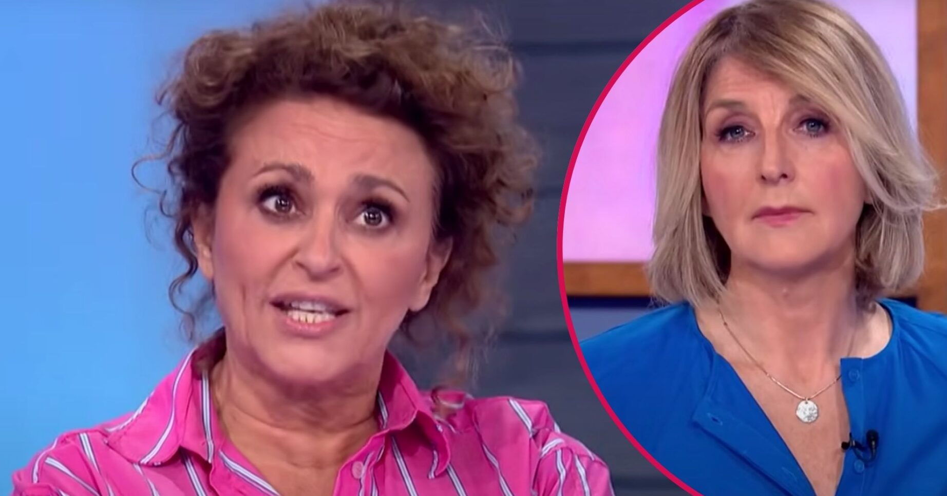 Nadia Sawalha looks animated, Kaye Adams looks serious