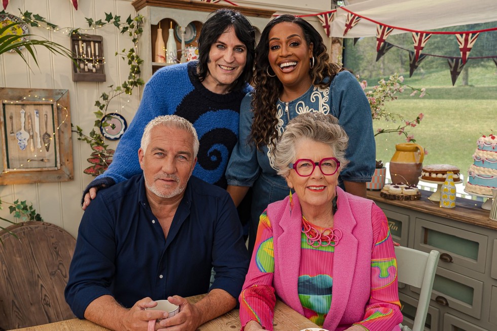 Paul Hollywood, Prue Leith, Noel Fielding and Alison Hammond on the GBBO set