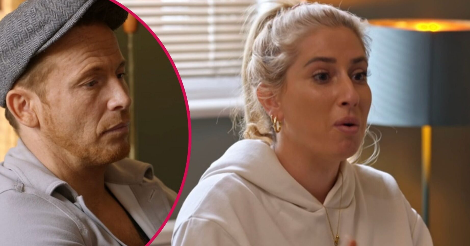 Joe Swash looking sad / Stacey Solomon speaking