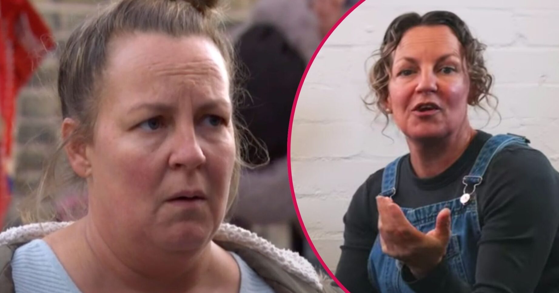 Lorraine Stanley in character on EastEnders, and also pointing
