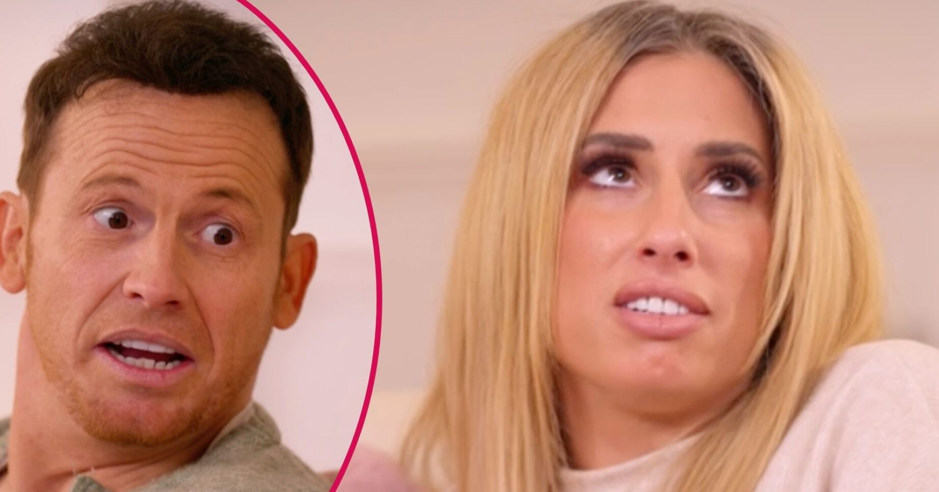 Joe Swash looks shocked, Stacey Solomon looks upwards