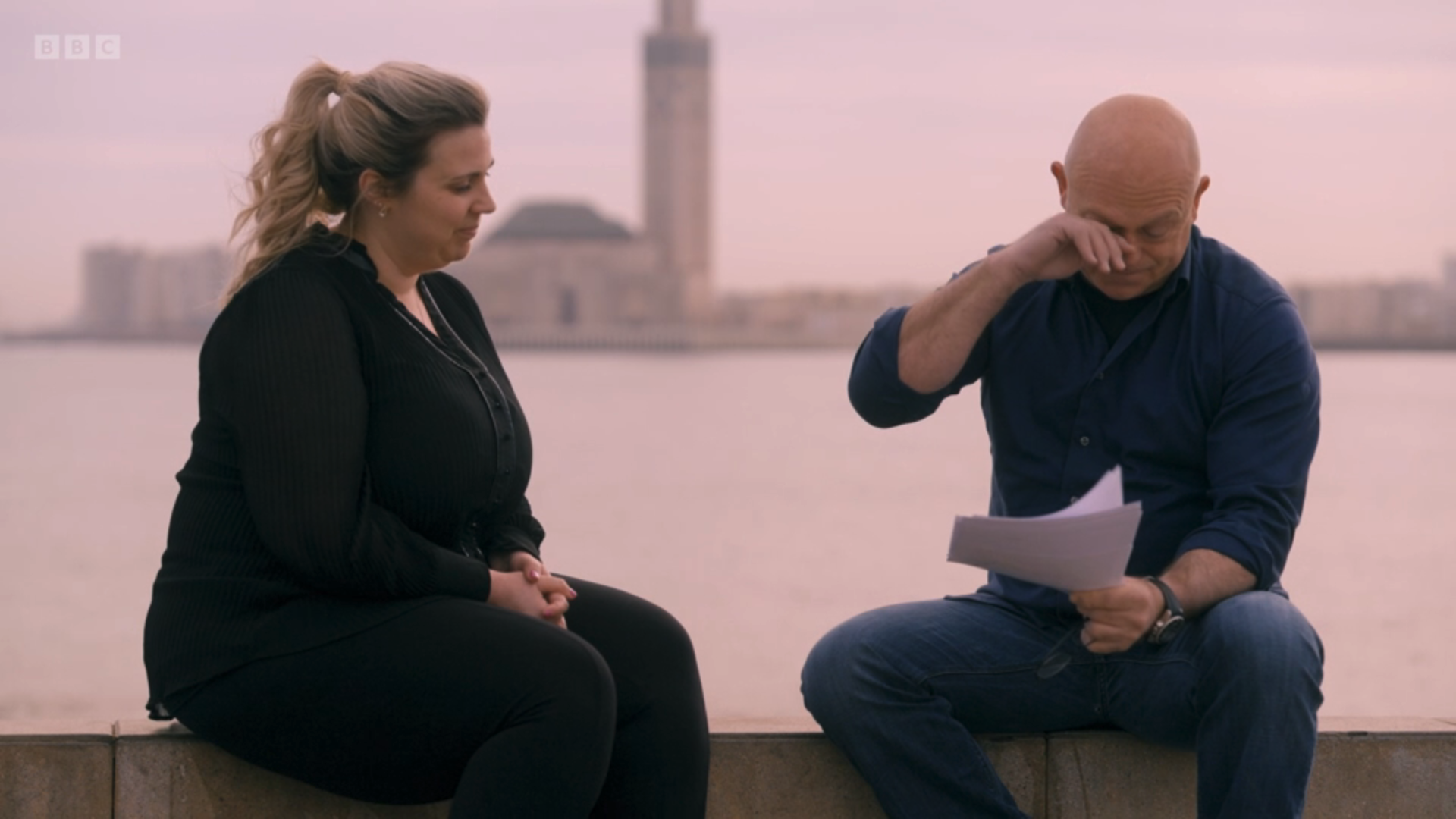 Ross Kemp crying with an expert on Who Do You Think You Are?