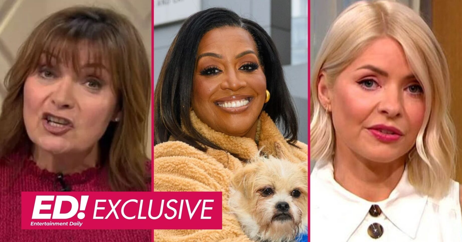 Lorraine Kelly talking, Alison Hammond smiling, and Holly Willoughby talking