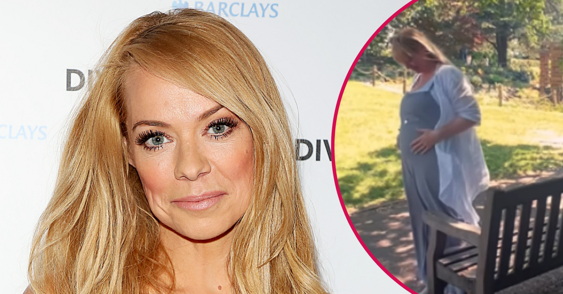 Liz McClarnon smiling and cradling her baby bump