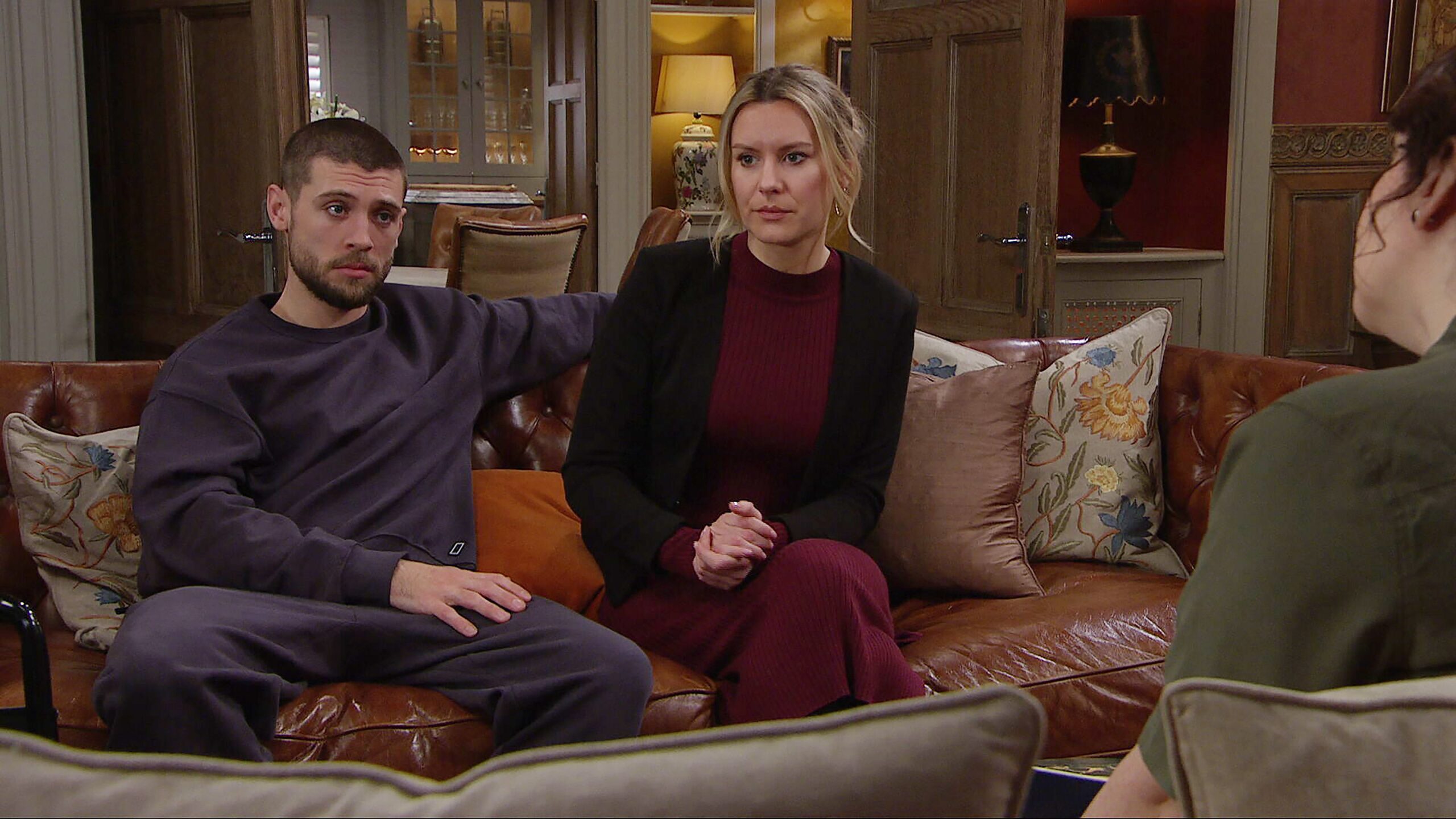 Joe and Dawn serious at Home Farm in Emmerdale