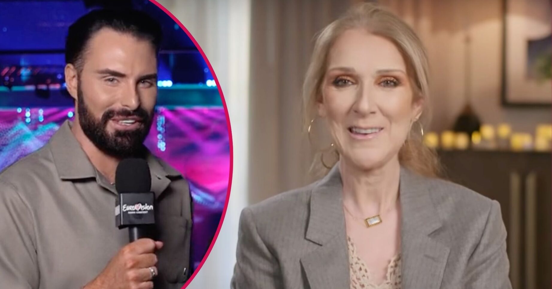 Rylan holds a microphone, Celine Dion smiles