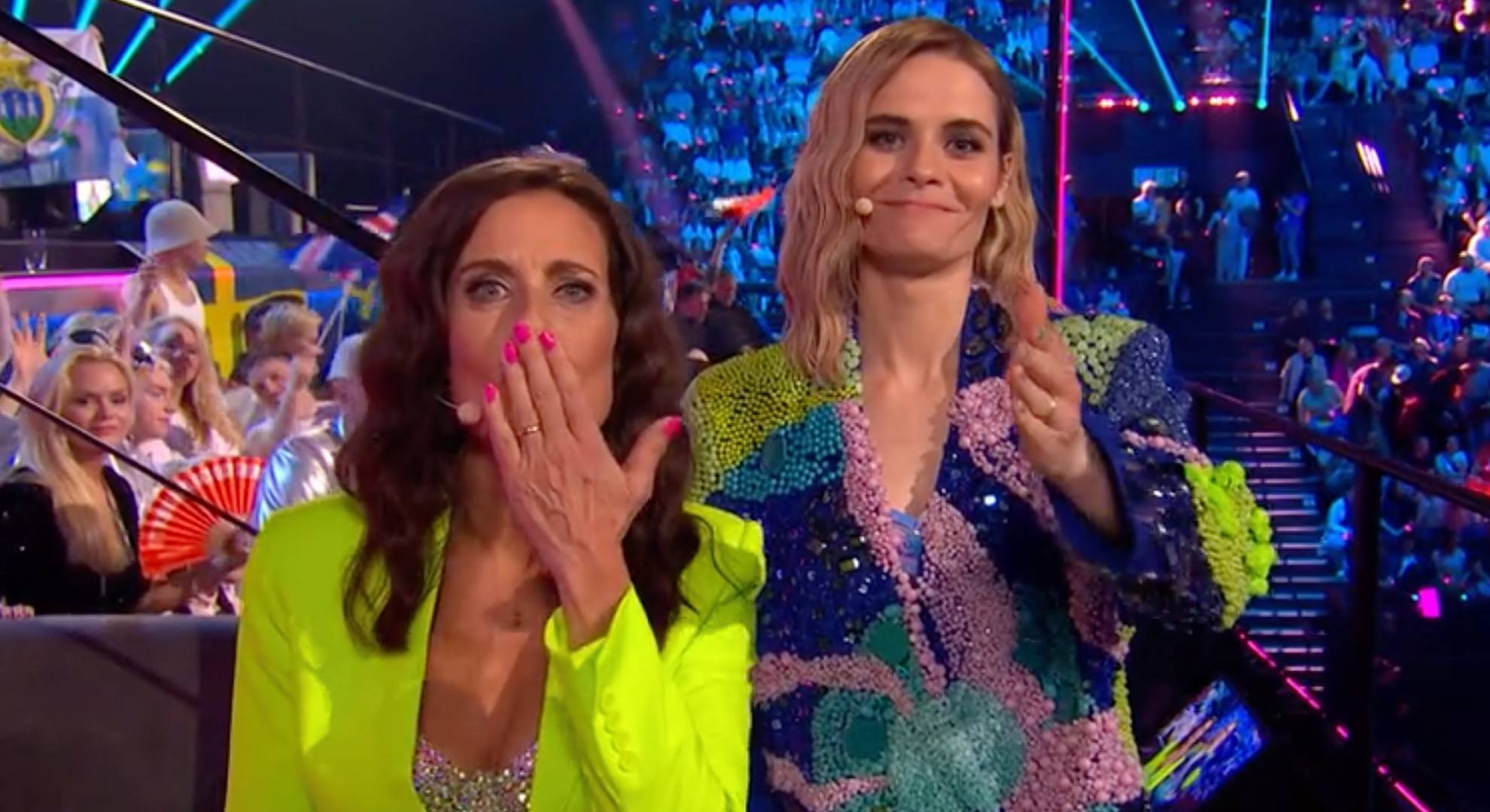 Eurovision presenters blow kisses for Celine Dion