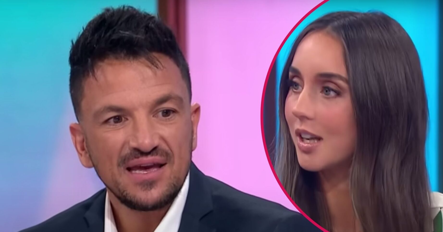 Peter Andre looks downwards, his wife Emily Andre appears concerned