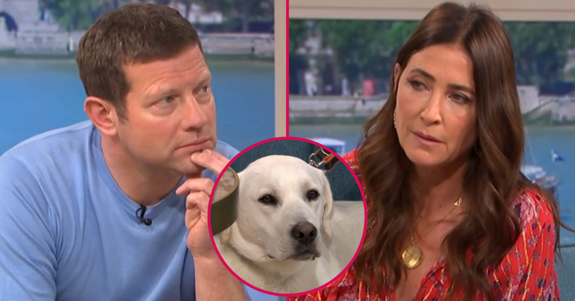 Dermot O'Leary and Lisa Snowdon on This Morning looking worried and Buddy inset