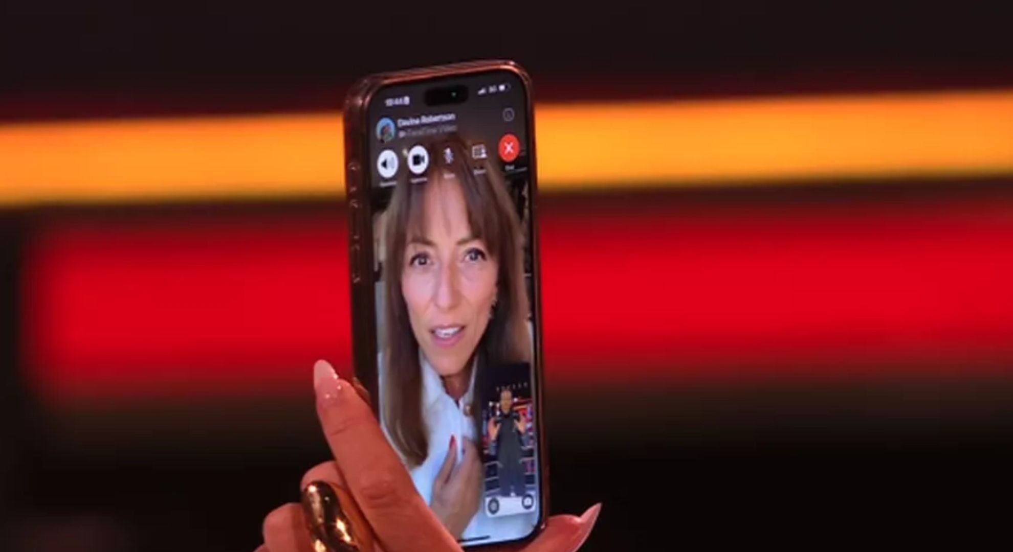 Davina McCall on the phone to Amanda Holden on BGT