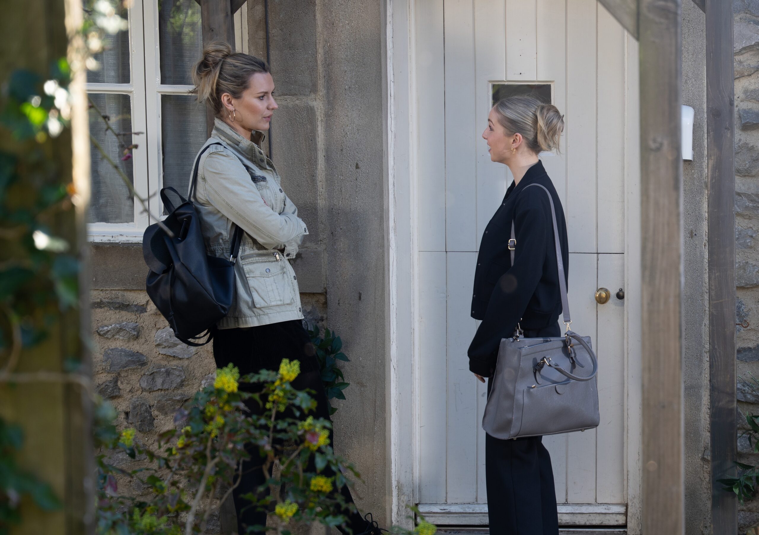 Dawn talking to Belle outside in Emmerdale