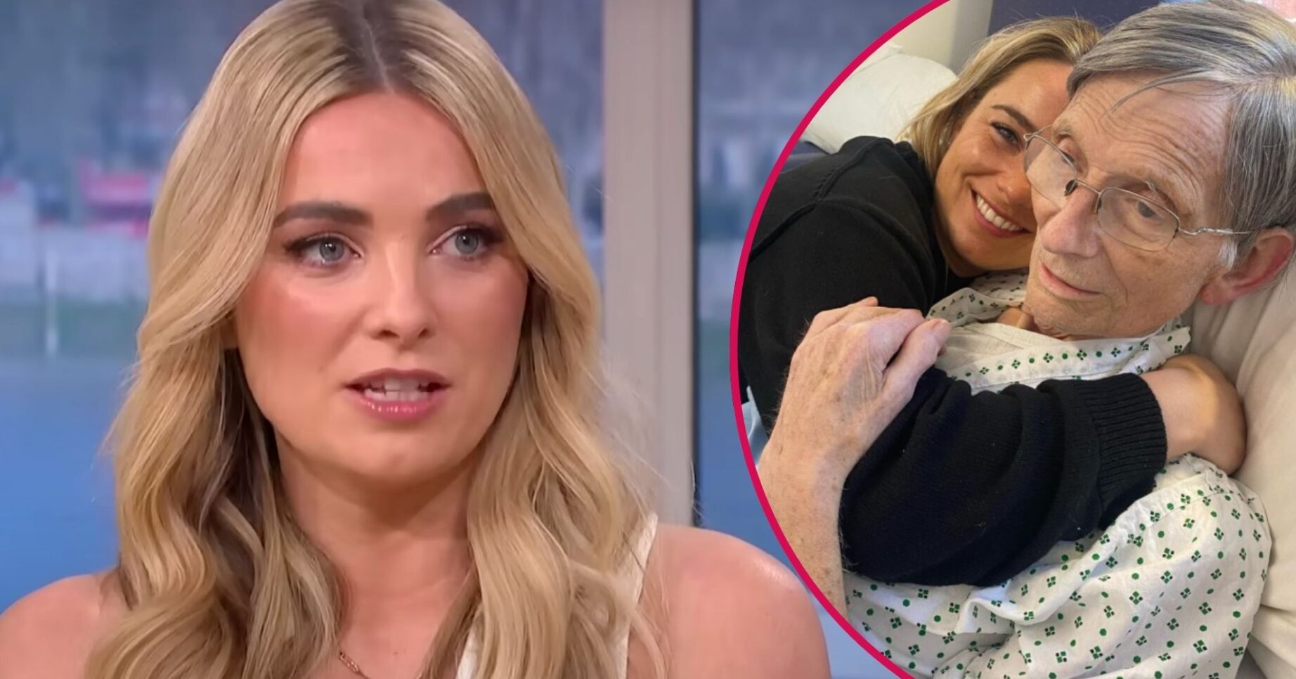 Sian Welby looks serious, also seen hugging her dad