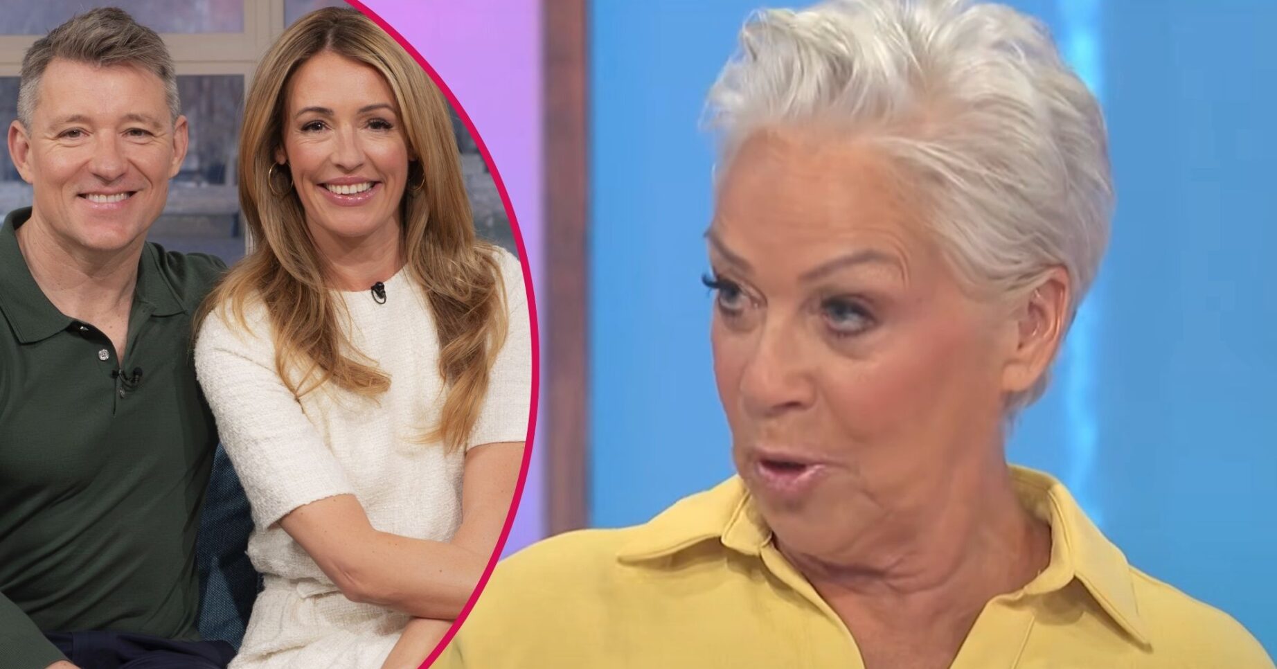 Ben Shephard and Cat Deeley smiling on This Morning / Denise Welch looking cross on Loose Women