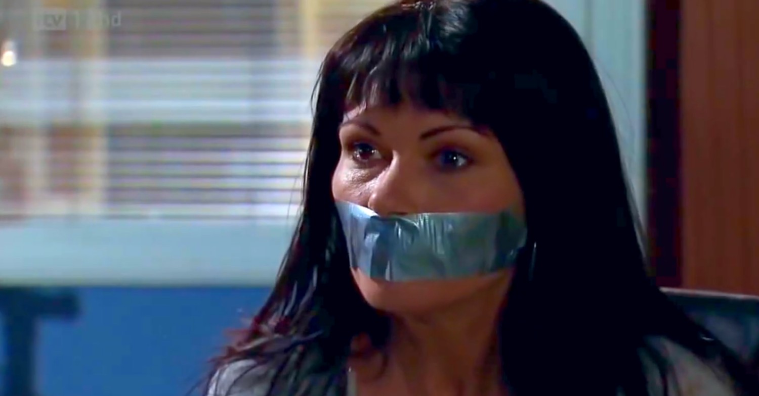 Carla with her mouth taped shut on Coronation Street