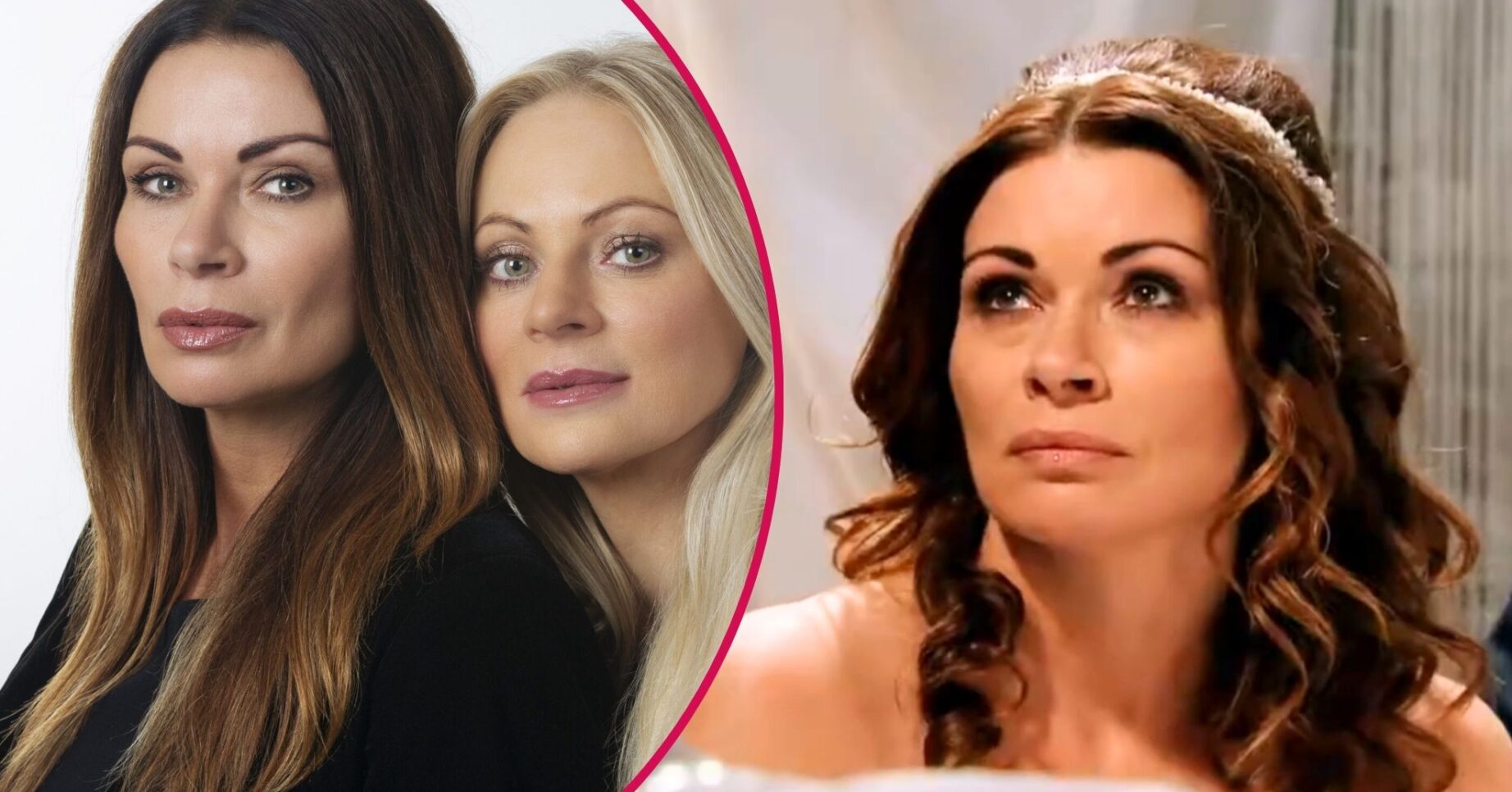 Carla looks emotional in a wedding dress in Coronation Street; inset, in a promotional image with Lisa Swain (Credit: ITV/Composite: ED!)