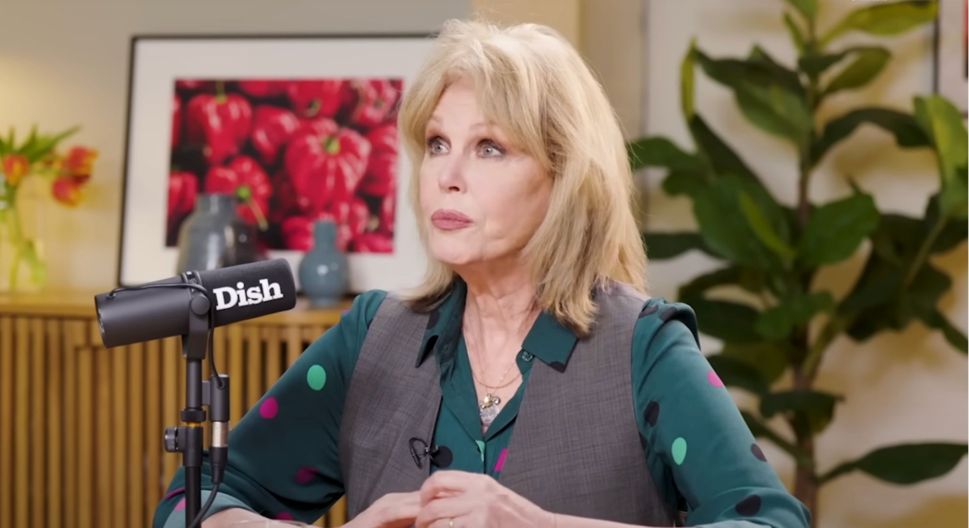 Joanna Lumley speaking on a podcast 