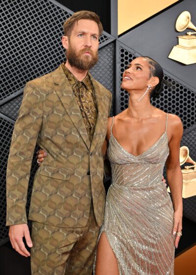 Vick Hope looking up at Calvin Harris