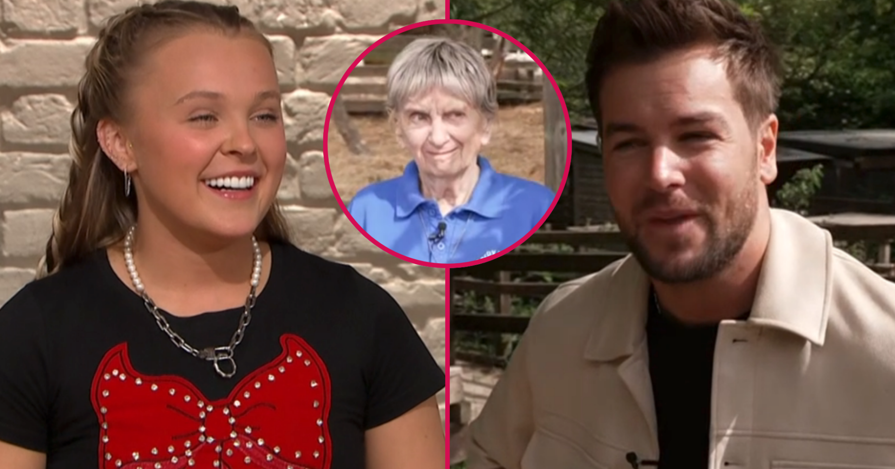 JoJo Siwa and Chris Hughes with a 90 year old woman inset