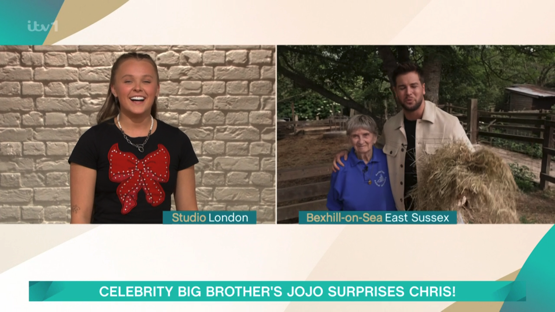 JoJo Siwa and Chris Hughes with a 90 year old woman who helps animals