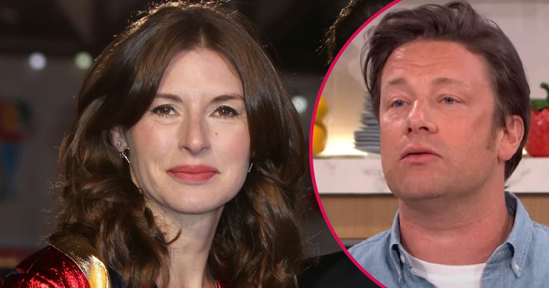 Jools Oliver looks at the camera, Jamie Oliver looks taken aback